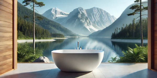 DALL·E 2025-01-04 21.02.15 – A realistic scene of a modern bathtub placed outdoors in front of a serene lake, with majestic mountains in the background. The bathtub is sleek and m Sauna Mütze von WLLNSS für ein noch bequemeres Saunavergnügen - bald verfügbar